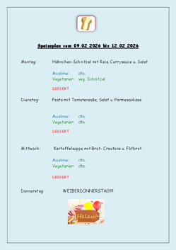 Speiseplan vom 09.02.2026 bis 12.02.2026