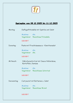 Speiseplan vom 08.12.2025 bis 11.12.2025