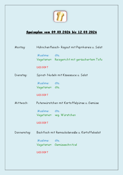 Speiseplan vom 09.03.2026 bis 12.03.2026 